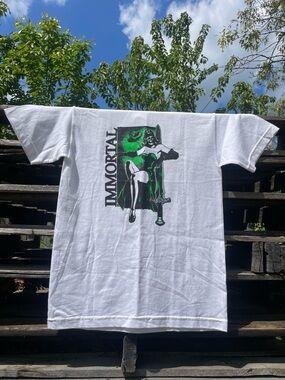 White Short-Sleeve Graphic Tee with Green & Black 'Immortal' Print